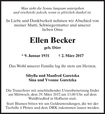 Traueranzeige von Ellen Becker von Trauerportal Rhein Main Presse