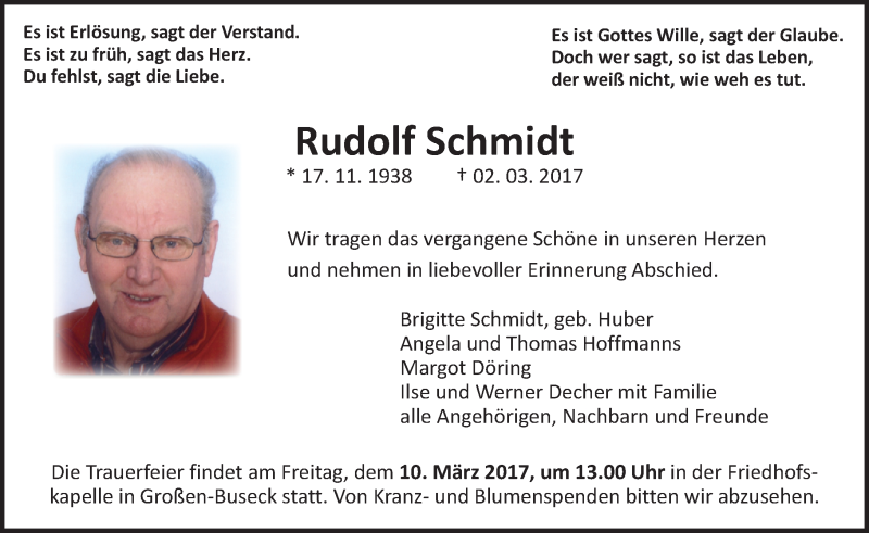  Traueranzeige für Rudolf Schmidt vom 08.03.2017 aus  Gießener Anzeiger