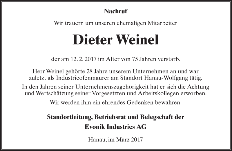  Traueranzeige für Dieter Weinel vom 04.03.2017 aus  Kreisanzeiger