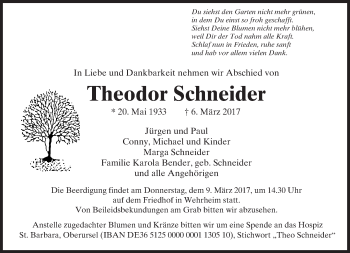 Traueranzeige von Theodor Schneider von  Usinger Anzeiger