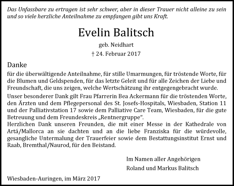  Traueranzeige für Evelin Balitsch vom 25.03.2017 aus Trauerportal Rhein Main Presse