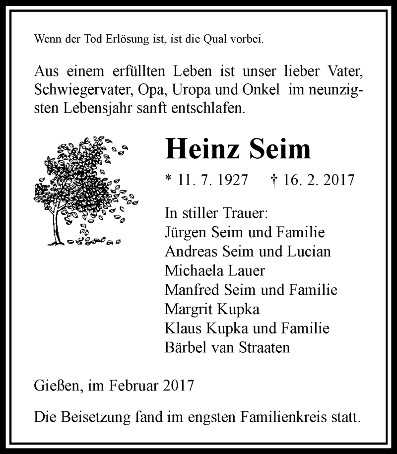  Traueranzeige für Heinz Seim vom 04.03.2017 aus  Gießener Anzeiger