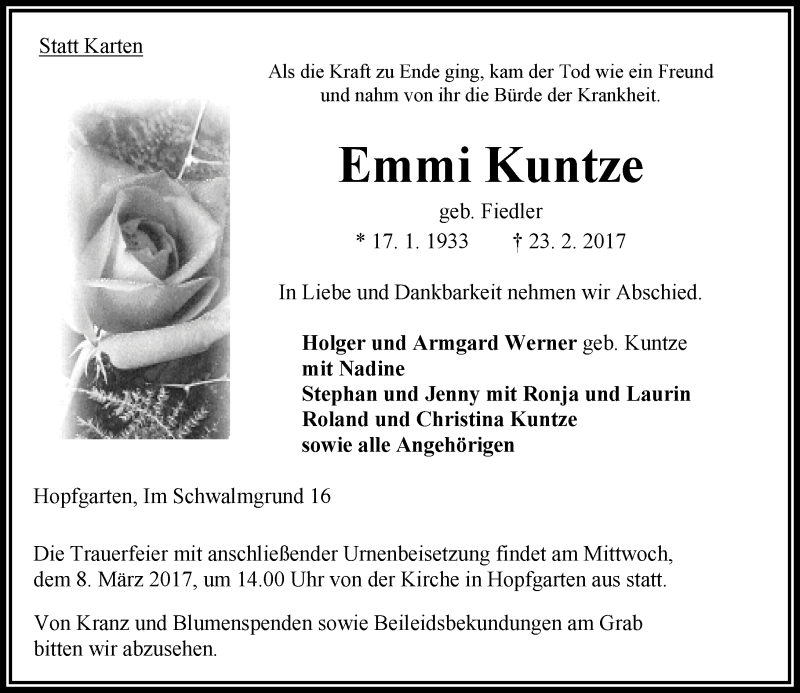  Traueranzeige für Emmi Kuntze vom 04.03.2017 aus VRM Trauer