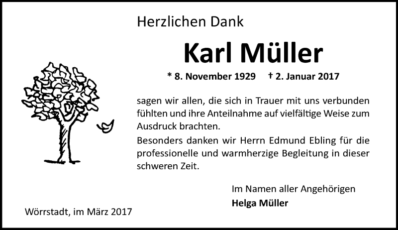  Traueranzeige für Karl Müller vom 02.03.2017 aus Trauerportal Rhein Main Presse