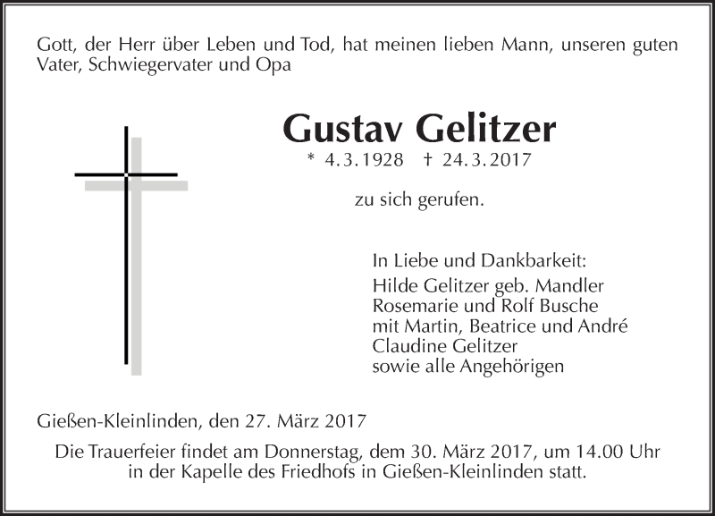  Traueranzeige für Gustav Gelitzer vom 27.03.2017 aus  Gießener Anzeiger