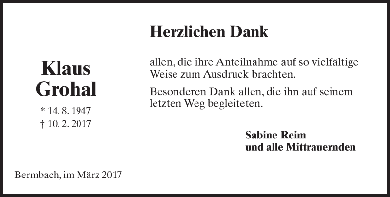  Traueranzeige für Klaus Grohal vom 11.03.2017 aus Trauerportal Rhein Main Presse