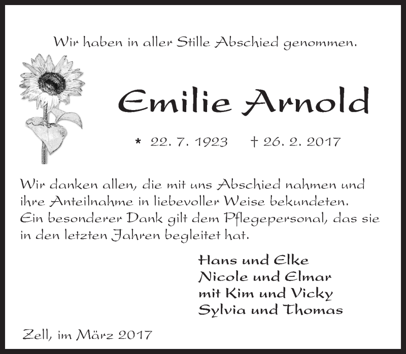  Traueranzeige für Emilie Aetnolci vom 11.03.2017 aus Trauerportal Echo Online