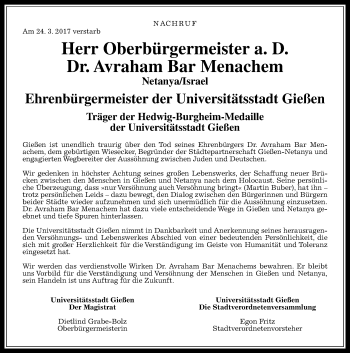 Traueranzeige von Avraham Bar Menachem von  Gießener Anzeiger