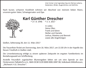 Traueranzeige von Karl Günther Drescher von  Gießener Anzeiger