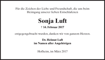 Traueranzeige von Sonja Luft von Trauerportal Rhein Main Presse