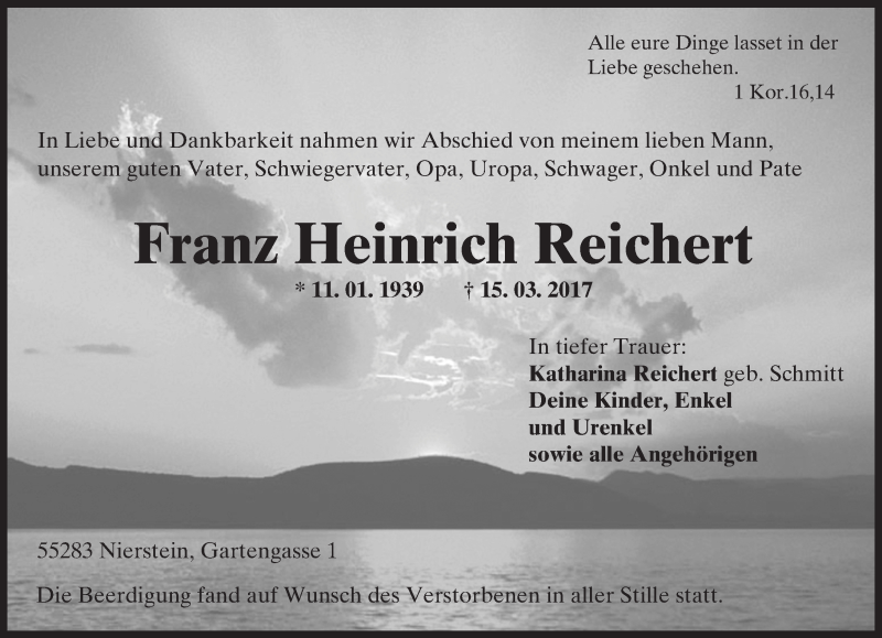 Traueranzeige für Franz Heinrich Reichert vom 22.03.2017 aus Trauerportal Rhein Main Presse