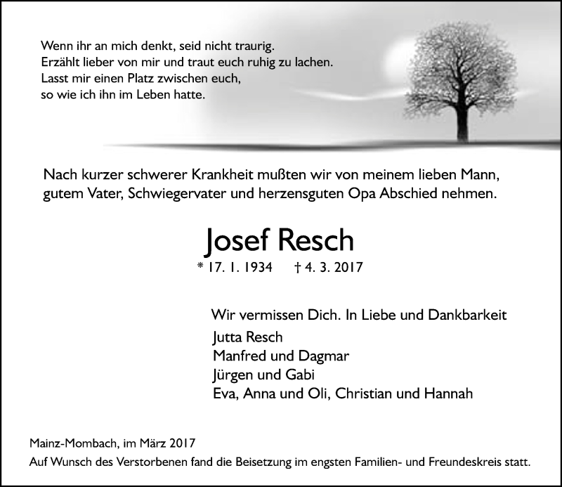  Traueranzeige für Josef Resch vom 25.03.2017 aus Trauerportal Rhein Main Presse