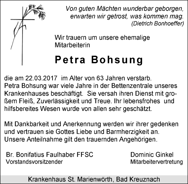  Traueranzeige für Petra Bohsung vom 28.03.2017 aus Trauerportal Rhein Main Presse