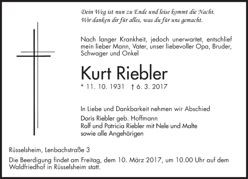  Traueranzeige für Kurt Riebler vom 08.03.2017 aus Trauerportal Rhein Main Presse