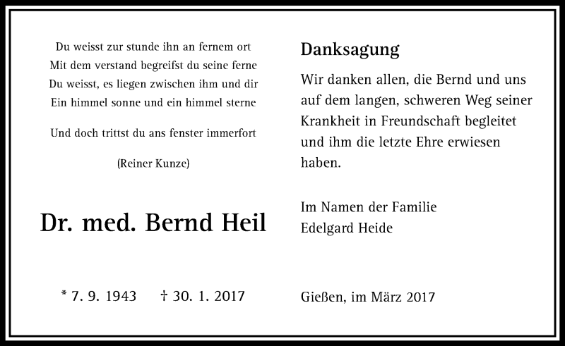  Traueranzeige für Bernd Heil vom 25.03.2017 aus  Gießener Anzeiger