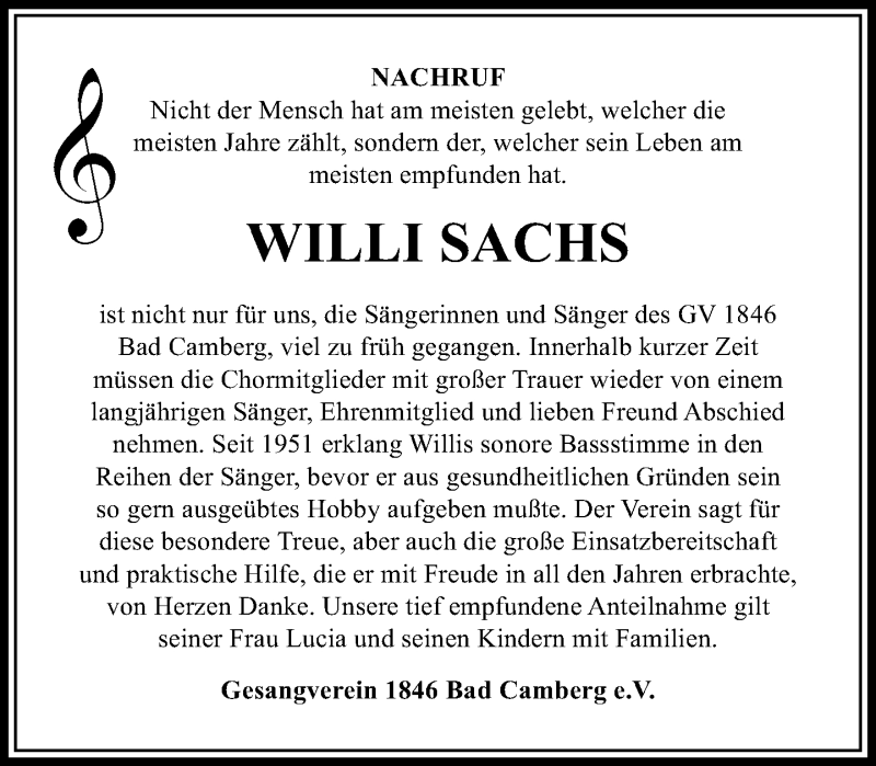  Traueranzeige für Willi Sachs vom 23.03.2017 aus  Camberger Anzeiger