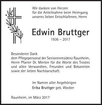 Traueranzeige von Edwin Bruttger von Trauerportal Rhein Main Presse