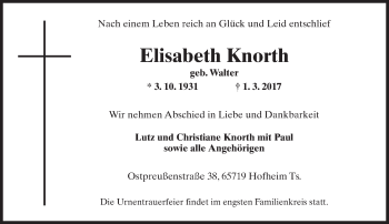 Traueranzeige von Elisabeth Knorth von Trauerportal Rhein Main Presse