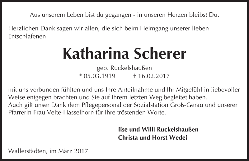  Traueranzeige für Katharina Scherer vom 18.03.2017 aus Trauerportal Echo Online