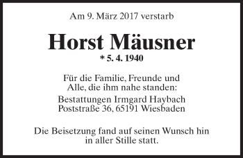 Traueranzeige von Horst Mäusner von Trauerportal Rhein Main Presse