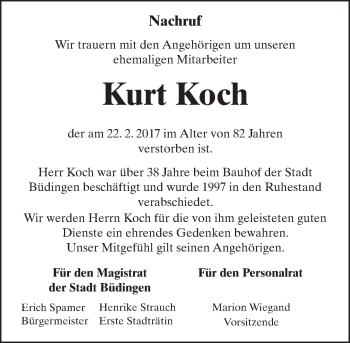Traueranzeige von Kurt Koch von  Kreisanzeiger
