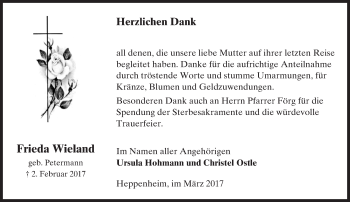 Traueranzeige von Frieda Wieland von Trauerportal Echo Online