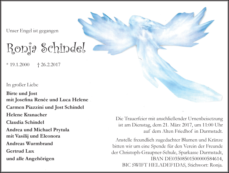  Traueranzeige für Ronja Schindel vom 17.03.2017 aus Echo Online