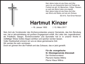 Traueranzeige von Hartmut Kinzer von  Kreisanzeiger