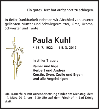 Traueranzeige von Paula Kuhl von Trauerportal Echo Online