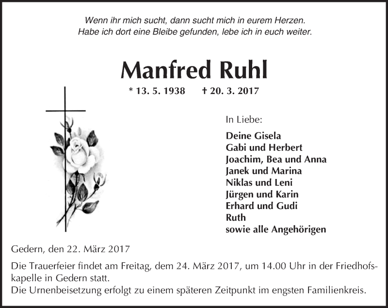  Traueranzeige für Manfred Ruhl vom 22.03.2017 aus  Kreisanzeiger