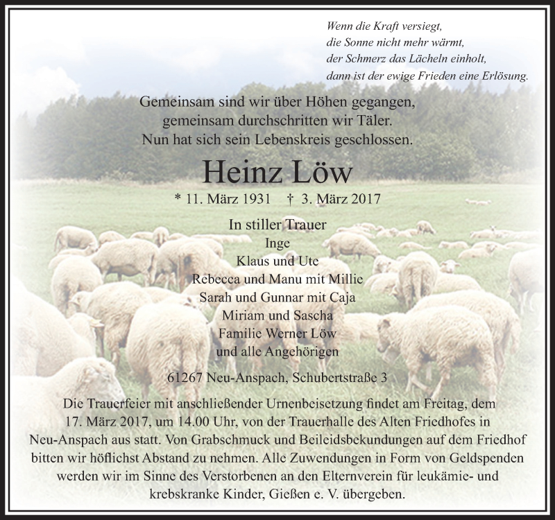  Traueranzeige für Heinz Löw vom 14.03.2017 aus  Usinger Anzeiger