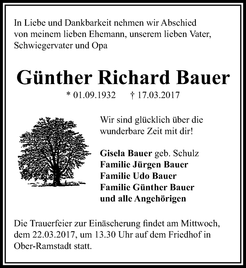  Traueranzeige für Günther Richard Bauer vom 20.03.2017 aus Trauerportal Echo Online