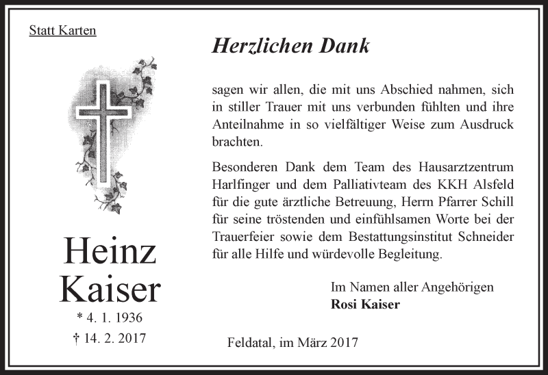  Traueranzeige für Heinz Kaiser vom 18.03.2017 aus VRM Trauer