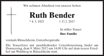 Traueranzeige von Ruth Bender von Trauerportal Rhein Main Presse