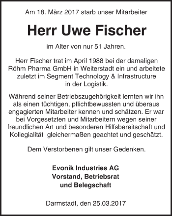 Traueranzeige von Uwe Fischer von Trauerportal Echo Online