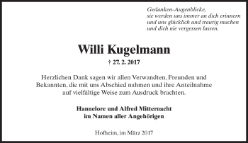 Traueranzeige von Willi Kugelmann von Trauerportal Rhein Main Presse