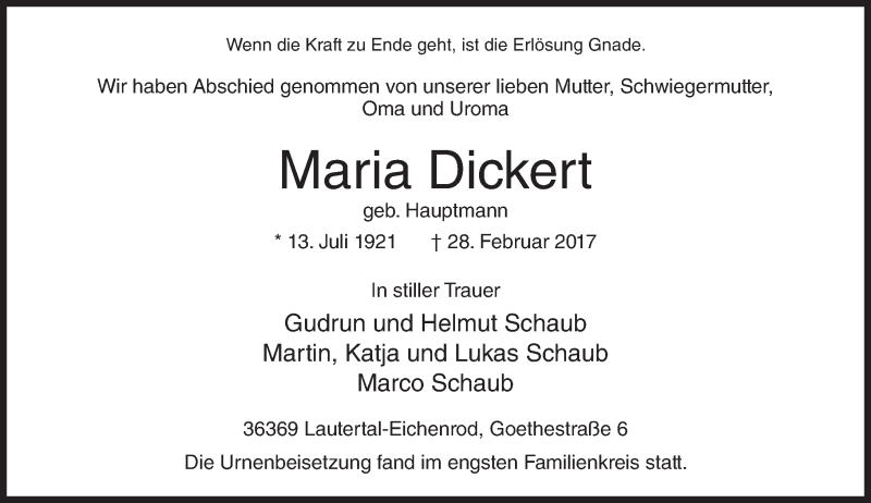  Traueranzeige für Hildegard Lipsch vom 11.03.2017 aus VRM Trauer