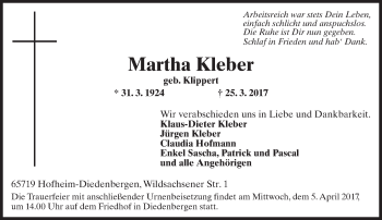 Traueranzeige von Martha Kleber von Trauerportal Rhein Main Presse