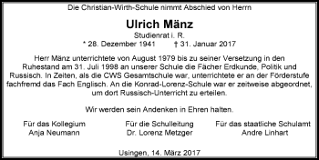 Traueranzeige von Ulrich Mänz von  Usinger Anzeiger