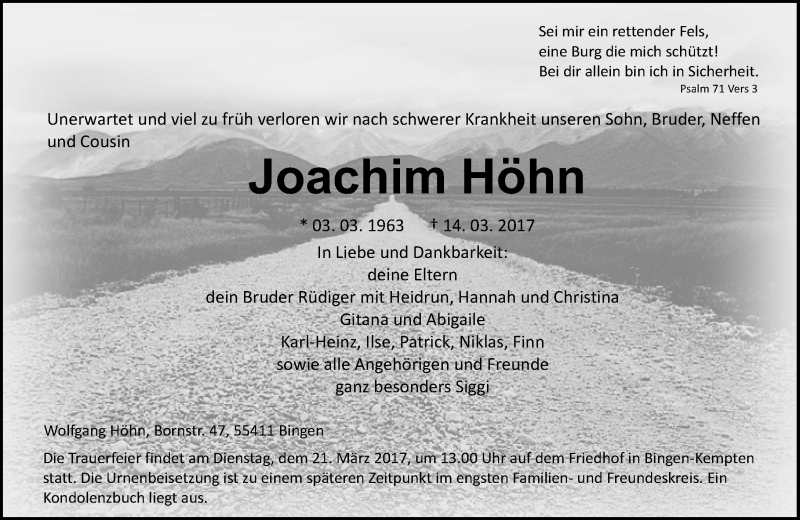  Traueranzeige für Joachim Höhn vom 18.03.2017 aus Trauerportal Rhein Main Presse