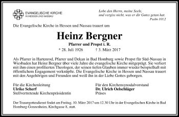 Traueranzeige von Heinz Bergner von Trauerportal Rhein Main Presse