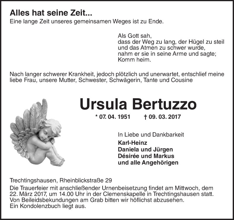  Traueranzeige für Ursula Bertuzzo vom 18.03.2017 aus Trauerportal Rhein Main Presse