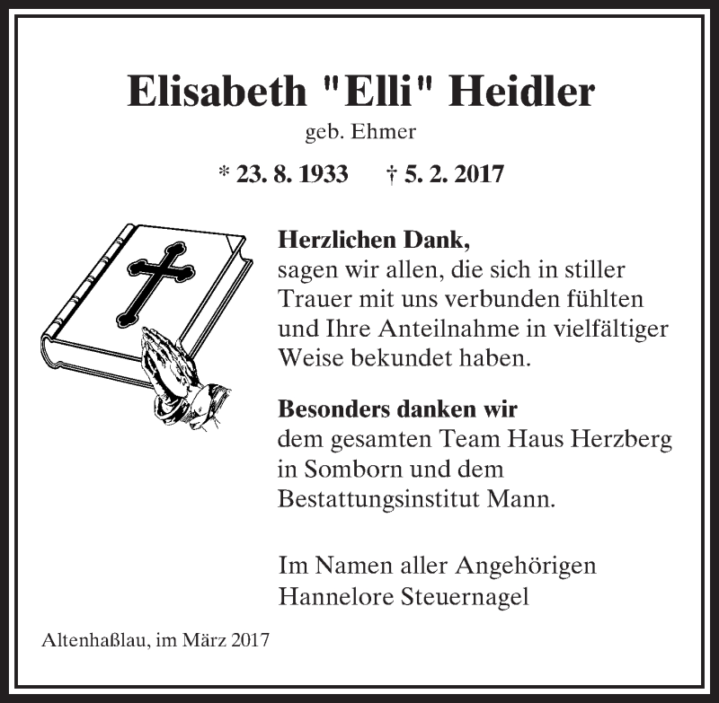  Traueranzeige für Elisabeth Heidler vom 04.03.2017 aus  Gelnhäuser Tageblatt