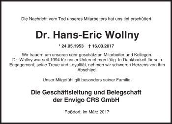 Traueranzeige von Hans-Eric Wollny von Trauerportal Echo Online