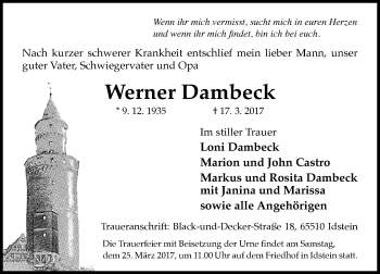 Traueranzeige von Werner Dambeck von Trauerportal Rhein Main Presse