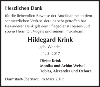 Traueranzeige von Hildegard Krink von Trauerportal Echo Online