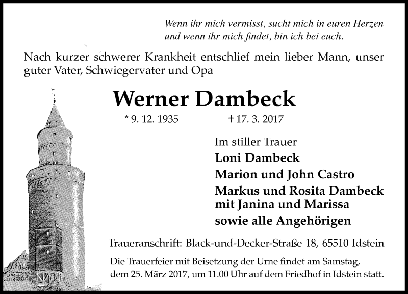  Traueranzeige für Werner Dambeck vom 22.03.2017 aus Trauerportal Rhein Main Presse