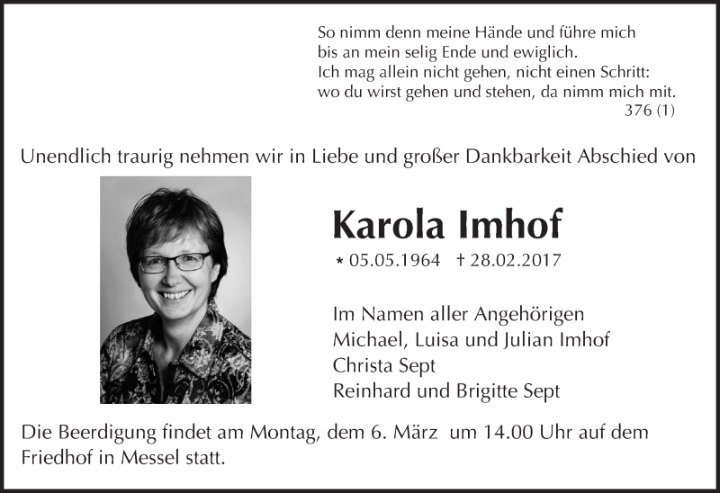  Traueranzeige für Karola Imhof vom 04.03.2017 aus Trauerportal Echo Online