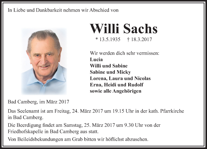  Traueranzeige für Willi Sachs vom 23.03.2017 aus  Camberger Anzeiger