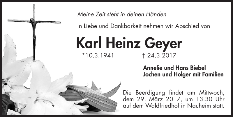  Traueranzeige für Karl Heinz Geyer vom 28.03.2017 aus Trauerportal Rhein Main Presse